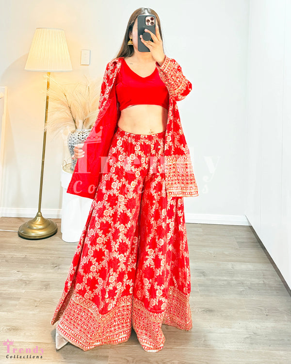 Top Plazo Set with Outer Coat - Red (Sizes 34 - 38 Available)
