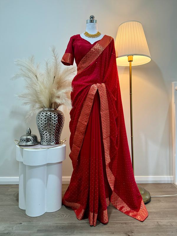 Red Partywear Saree Set with Golden Big Border (Sizes 32 - 40 available)