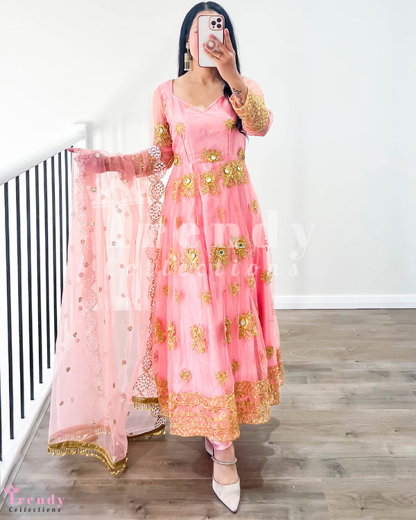 Designer Peach Pink Net Anarkali Set with Zari Embroidery (Sizes 32 - 44)