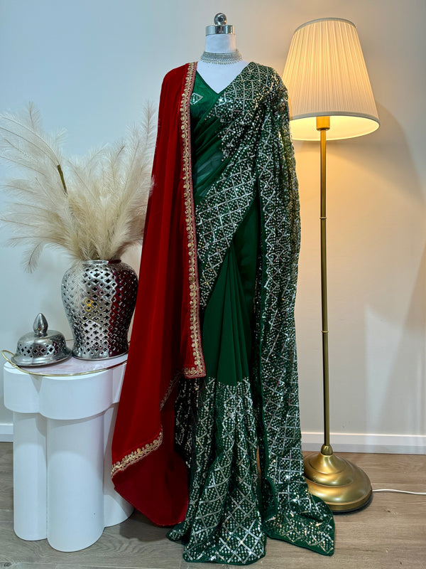 Emerald Georgette Saree with Sequin & Thread Work - Sizes 34 to 46