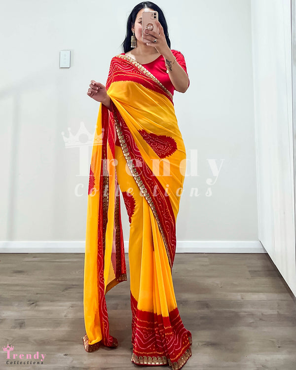 2 PIECE CHUNRI PRINTED SAREE WITH STRETCHABLE BLOUSE SET - PICO & FALLS DONE - YELLOW & RED