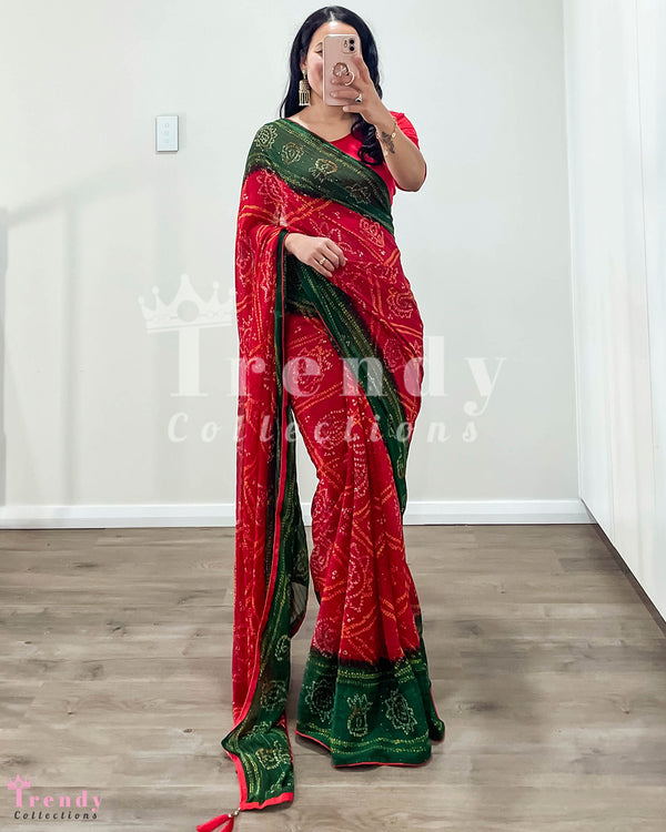 2 PIECE CHUNRI PRINTED SAREE WITH STRETCHABLE BLOUSE SET - PICO & FALLS DONE - RED & GREEN
