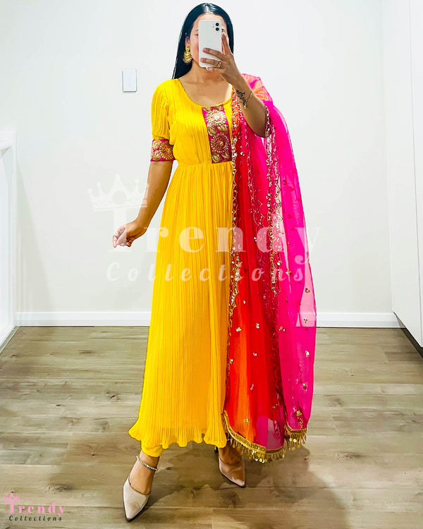 Sunshine Yellow Pleated Georgette Anarkali Set with Vibrant Shawl - Sizes 34-44