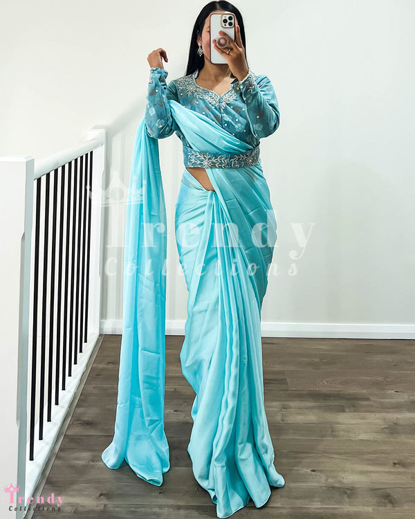 Sky Blue Dhaka Fabric Designer Saree Set - Sizes 34 to 46