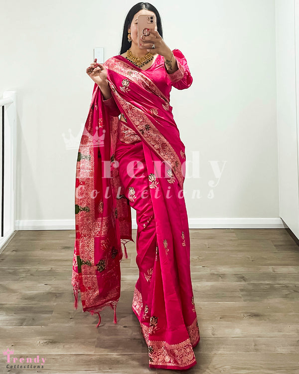 Dola Silk Saree Set for Party/Event - Rani Pink (Sizes 34 - 42)