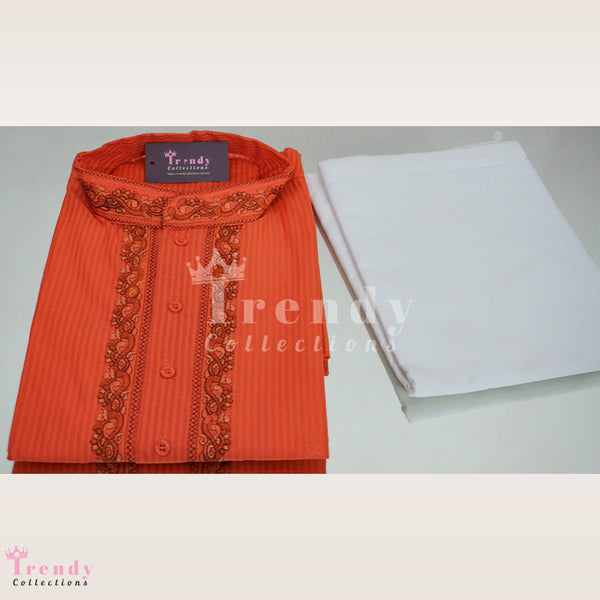 READY TO WEAR MEN'S COTTON KURTA & PYJAMA / SURUWAL SET - REDDISH ORANGE