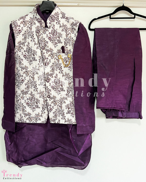 Men's Formal Kurta, Pyjama & Waist Coat Set for Events - Dark Purple