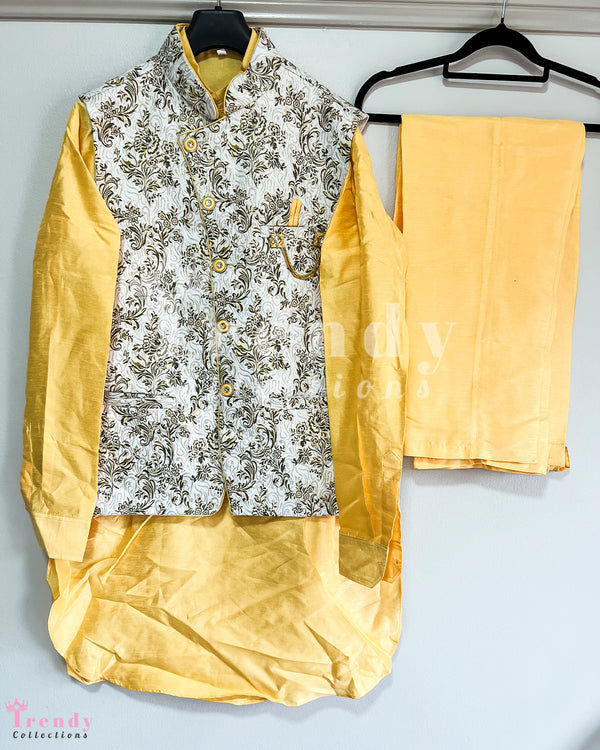 Men's Formal Kurta, Pyjama & Waist Coat Set for Events - Yellow