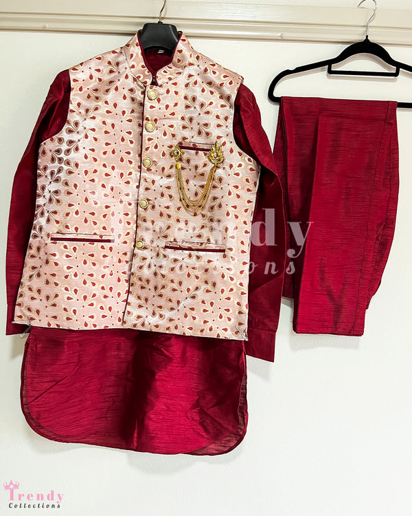 Maroon and Cream Printed Men's Kurta, Pyjama with Waistcoat Set