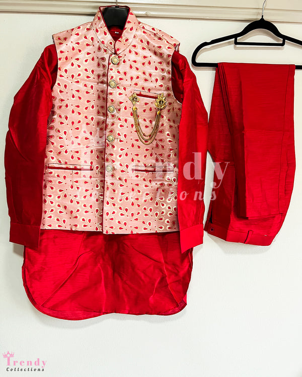 Men's Formal Kurta, Pyjama & Waist Coat Set for Events - Red