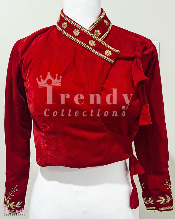 SINGLE PIECE VELVET CHAUBANDI BLOUSE WITH HANDWORK -  RED  (Size 30- 32 available)
