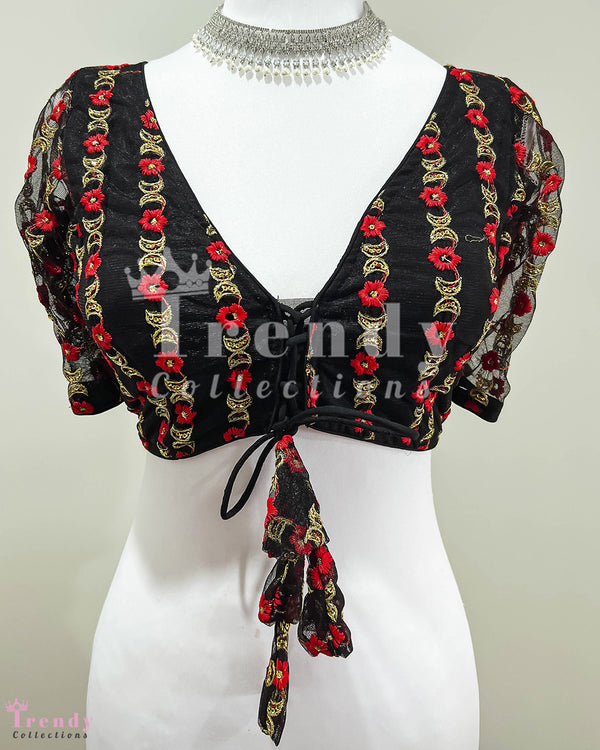 Designer Half Sleeve Net Blouse with Threadwork - Black with Red & Gold Colour (Sizes 32 - 42 Available)