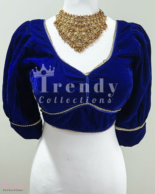 Royal Blue Velvet Designer Blouse with Gold Trim