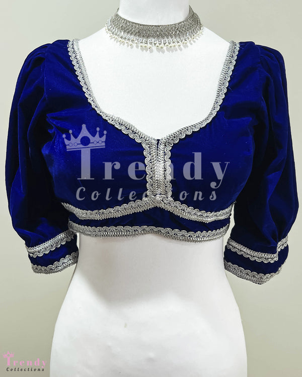 Designer Velvet Full Sleeve Blouse - Royal Blue (Sizes 32 - 40)