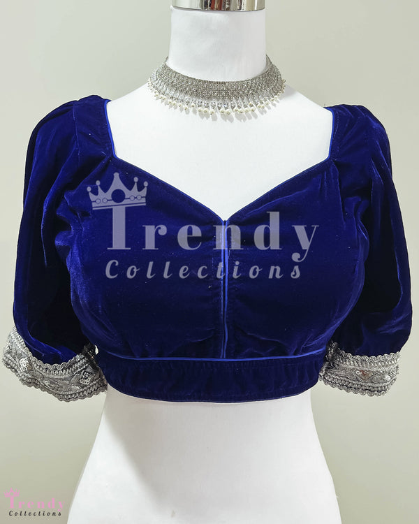 Royal Blue Designer Velvet Full Sleeve Blouse (Sizes 32 - 44)