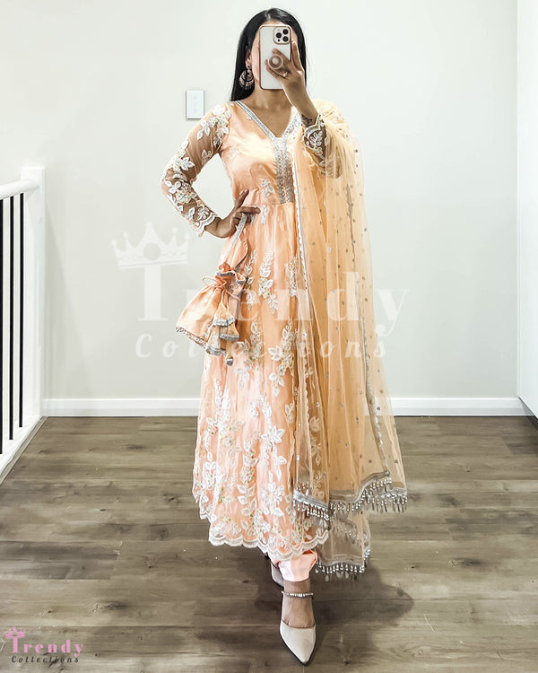 DESIGNER BOUTIQUE 4 PIECE NET ANARKALI SET WITH THREAD WORK & POUCH BAG - PEACH PINK (Size 32- 40 available)