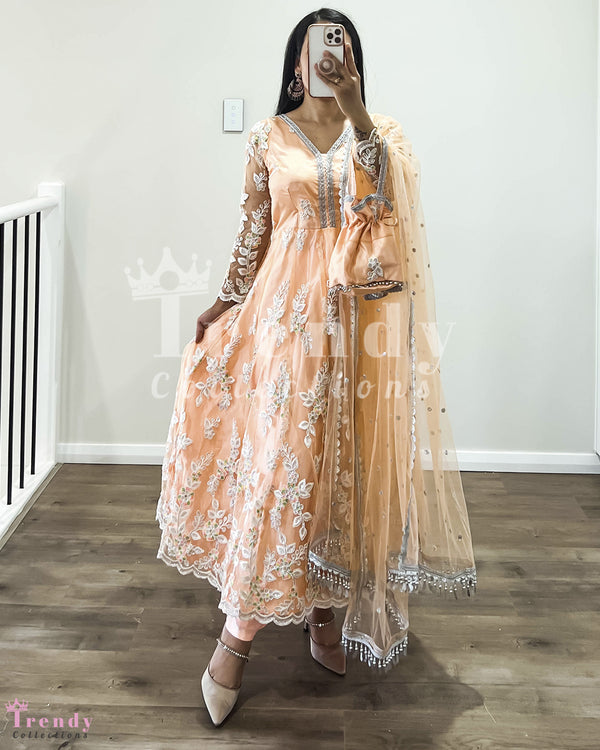 Apricot Blush Net Anarkali Set with Thread Embroidery and Pouch Bag - Sizes 32-40