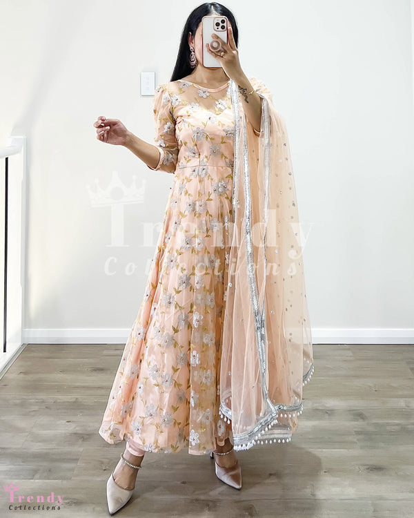 DESIGNER BOUTIQUE 3 PIECE GEORGETTE ANARKALI SET WITH FLORAL BEADS & GLITTER WORK  - PEACH PINK (Size 32 - 42 available)