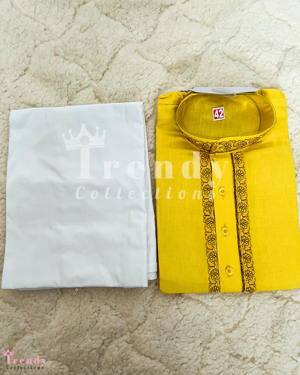 READY TO WEAR MEN'S COTTON KURTA & PYJAMA / SURUWAL SET - COLOR YELLOW