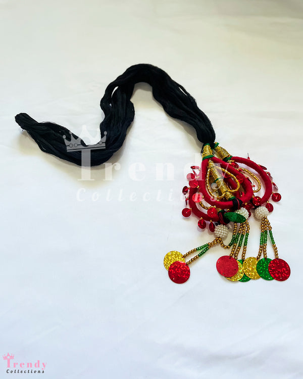 Traditional Black Chulthi Dhago Tassel with Red and Gold Accents - Nepali Hair Accessory