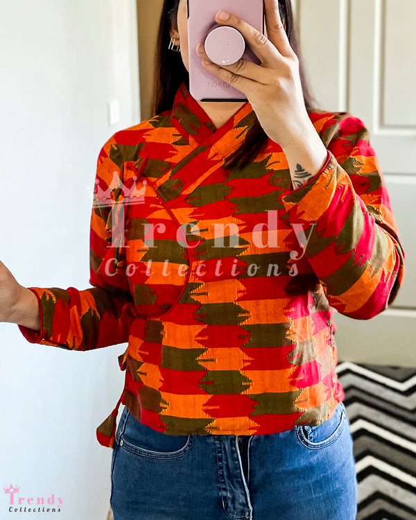 Handmade Dhaka Chaubandi Blouse - Red, Orange, Mehendi (Sizes 34 - 36)