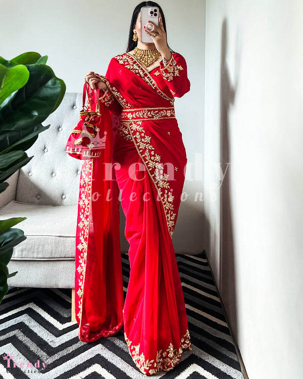 DESIGNER BOUTIQUE 5 PIECE GEORGETTE SAREE SET, WITH POUCH BAG & BELT, HEAVY GOLDEN BEADS EMBROIDERY HAND WORK - RED (Blouse size 34 - 44 available)